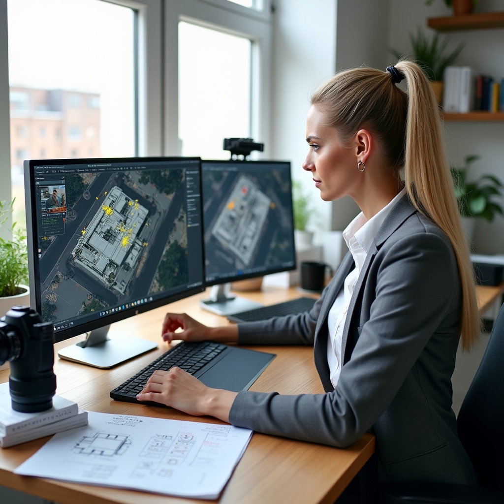 Professional conducting remote building assessment using satellite imagery and technical documentation