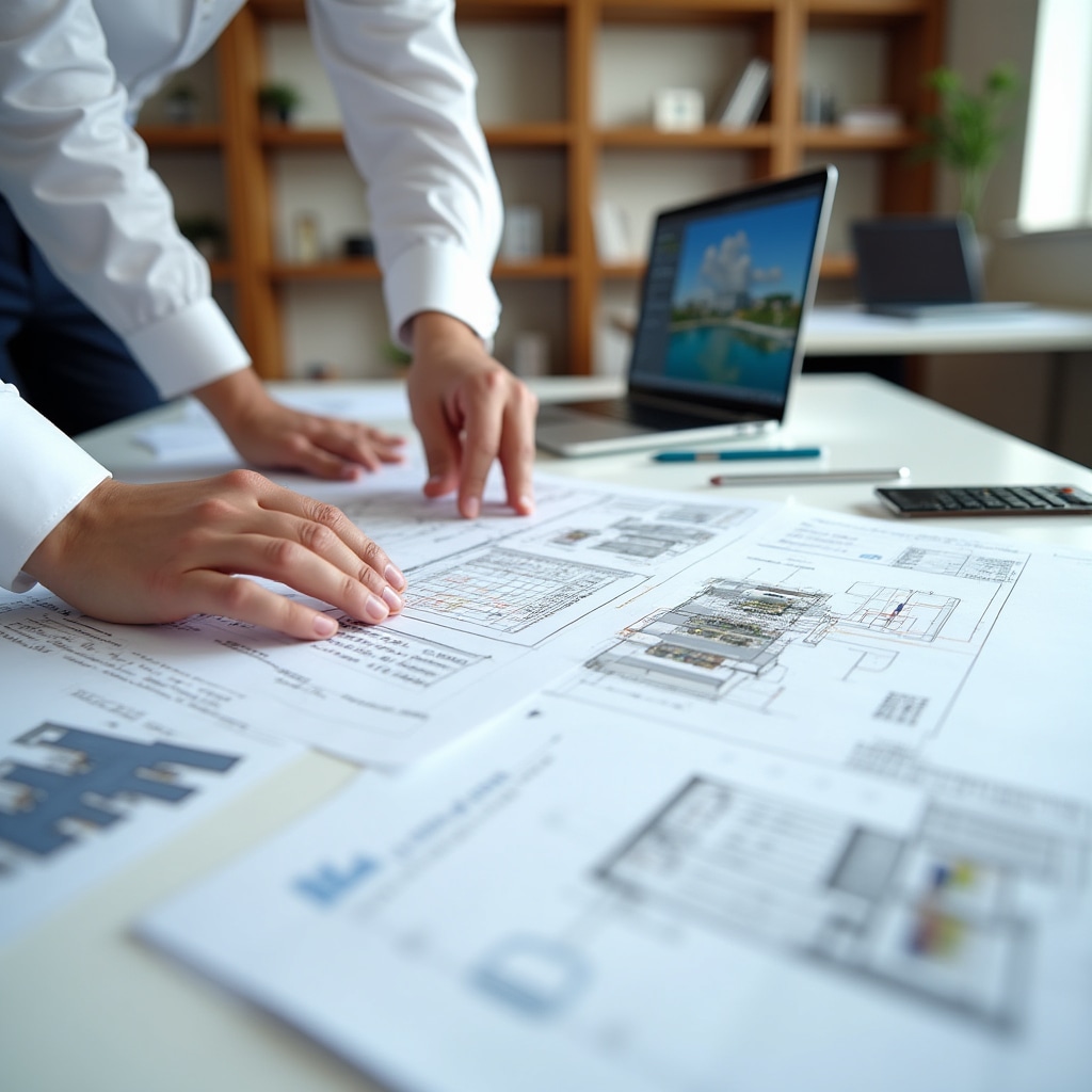 Professional reviewing detailed solar feasibility documentation with clear calculations